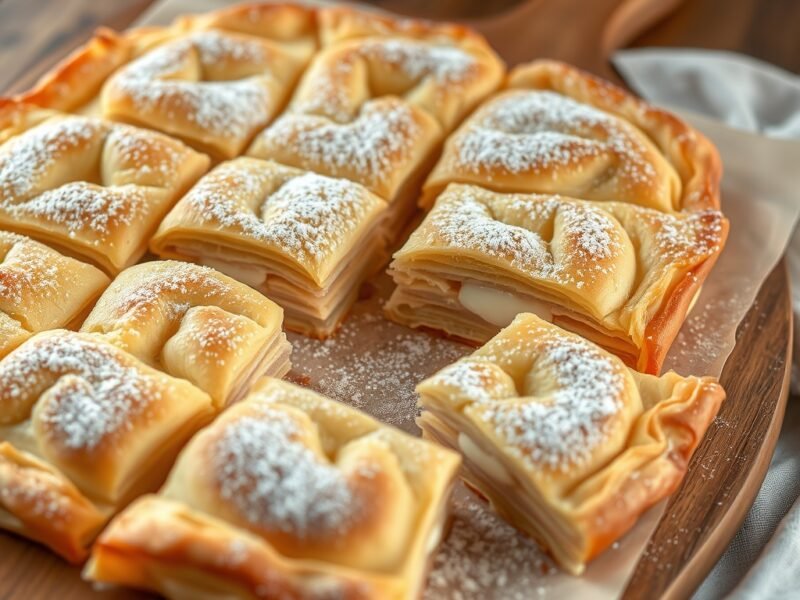 Plăcintă cu brânză dulce tăiată pătrate, cu foi aurii și zahăr pudră deasupra